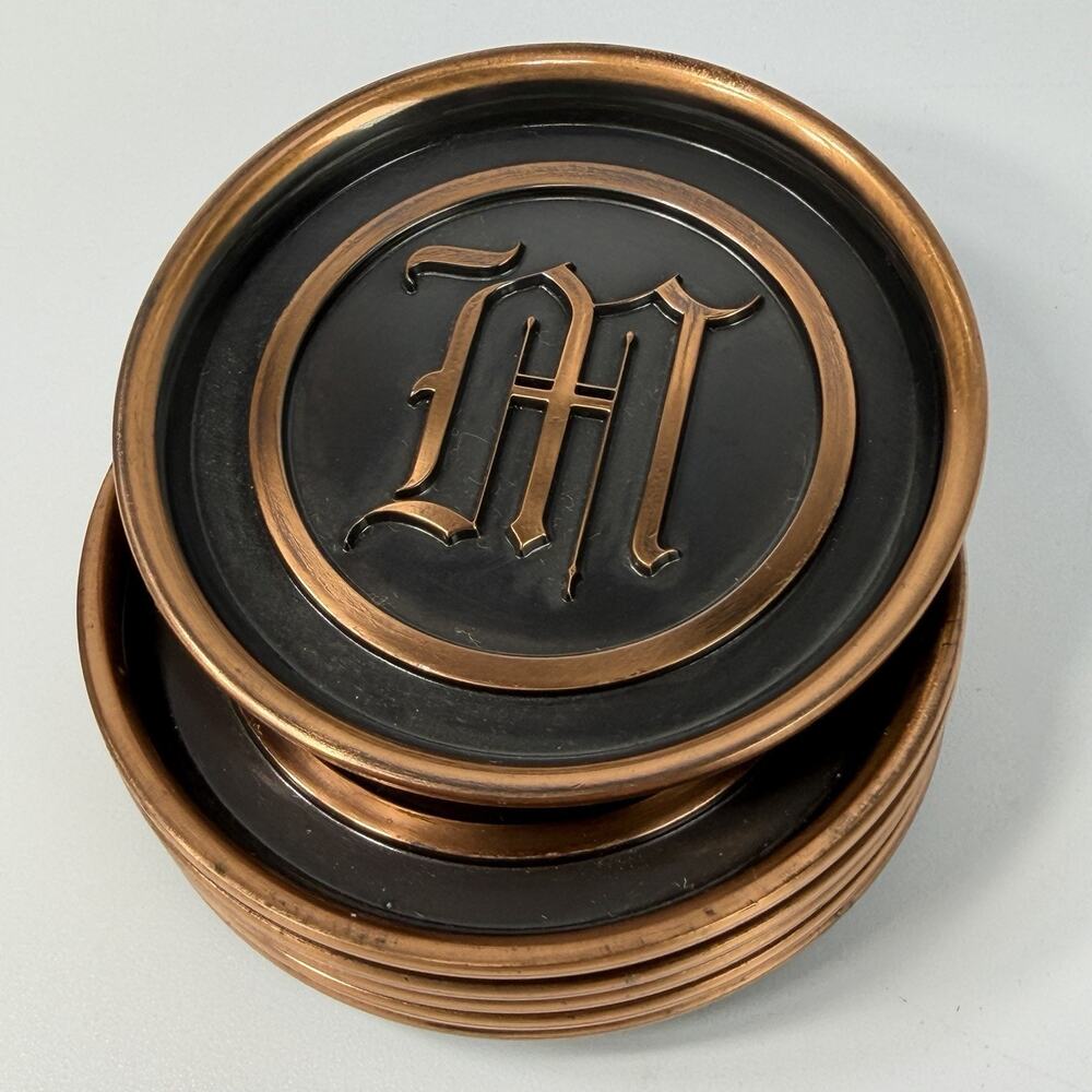Set 6 Vintage Roseville Hyde Park Coasters 3" Monogram M Initial Bronze Copper